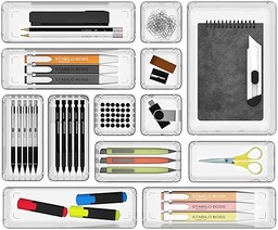 Cetomo Zestaw organizerów do szuflad, plastikowy organizer do przechowywania, przegrody do szuflad, regulowane i rozszerzalne, taca na przybory kuchenne, kosmetyki, makijaż, gadżety, przezroczyste, 4