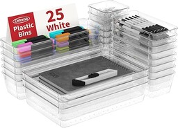 Cetomo Zestaw 25 organizerów do szuflad, plastikowy organizer do szuflad, przegrody do szuflad, regulowane i rozszerzalne, taca na przybory kuchenne, kosmetyki, makijaż, gadżety, przezroczyste, 4