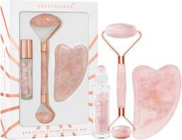 CRYSTALLOVE Rose Quartz Beauty Set Zestaw roller do masażu twarzy + płytka gua sha + buteleczka roll-on