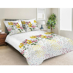 Matex Pościel satynowa 220x200 43A Exclusive bukiety kwiatowe kropeczki kolorowe żółta czerwona