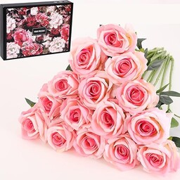 Cloudecor 15 szt. sztucznych róż, prawdziwe w dotyku, pojedyncza łodyga, sztuczne róże, jedwab, realistyczne kwiaty, bukiet ślubny, aranżacje, dom, biuro, przyjęcie, dekoracja ślubna, różowy, 15 szt