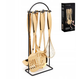 Zestaw Przyborów Kuchennych akcesoria łyżki tłuczek rózga 6el +stojak Gold