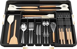 Euqvunn Organizer do Szuflady na Sztućce, rozszerzalna duża taca na sztućce do kuchni z 2 Wymiennymi Blokami na Noże, Taca Sztućce Szuflady Kuchennej, Kompaktowy Plastikowy Organizer(Czarny)