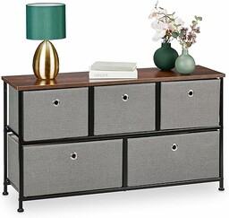 Relaxdays Komoda, wys. x szer. x gł.: 54,5 x 100 x 30 cm, kredens materiał i stal, 5 szuflad, industrialna komoda do korytarza, szary/brązowy