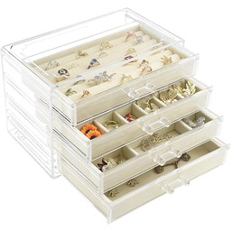 Weiai Akrylowy organizer na biżuterię, przezroczyste pudełko na biżuterię z 4 szufladami, etui na biżuterię dla kobiet (beżowy)