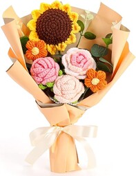 Omldggr Gotowy bukiet kwiatów szydełkowanych  pomarańczowy, ręcznie robiony bukiet ze słonecznikiem, różą i stokrotką, idealny na walentynki, Dzień Matki, urodziny, ślub i prezent dla mamy