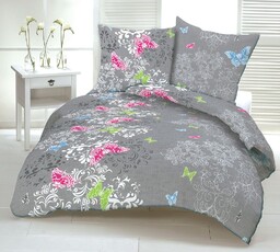 Karo Pościel z kory 140x200 732a szara motylki kolorowe ornament na guziki bawełniana