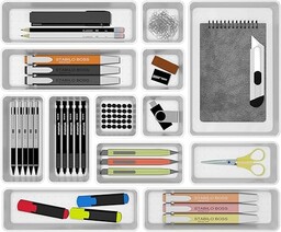 Cetomo Zestaw organizerów do szuflad, plastikowy organizer do szuflad, przegrody do szuflad, regulowane i rozszerzalne, taca na przybory kuchenne, kosmetyki, makijaż, gadżety, biały, 4 rozmiary, 14