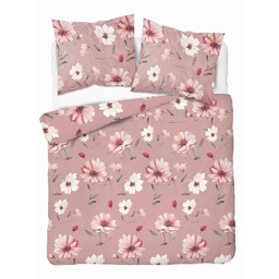 Detexpol Pościel bawełniana różowa z kremowymi kwiatami i pąkami 160x200 kolekcja Naturalis wzór 5502 A