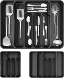 AiQInu Pojemnik na sztućce do szuflady, rozszerzalny organizer szuflad kuchennych, stojak na sztućce, łyżki, widelce i noże, duży, czarny, 50 x 36 x 5,3 cm