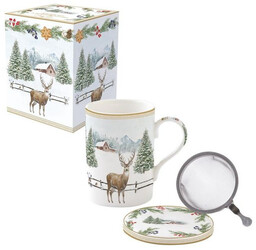 KUBEK PORCELANOWY z ZAPARZACZEM SITKIEM White Forest - Jeleń w zimie