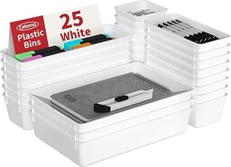 Cetomo Zestaw 25 organizerów do szuflad, plastikowy organizer do szuflad, przegrody do szuflad, regulowane i rozszerzalne, taca na przybory kuchenne, kosmetyki, makijaż, gadżety, białe, 4 rozmiary, 25