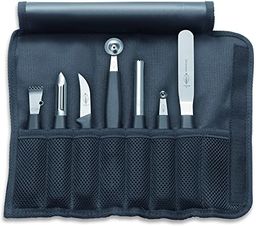 F. DICK 7-częściowy zestaw do dekoracji w rolowanej torbie (kompletny zestaw, obieraczka, kątowa paleta, 2 wykrawarki do owoców, drylownica, skrobak, nóż do obierania), stal nierdzewna, 34 cm