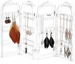 Relaxdays Uchwyt na biżuterię akrylowy, składany stojak na biżuterię, na kolczyki, łańcuszki, 4 przegródki, wys. x szer. x gł.: 28 x 42 x 2 cm, przezroczysty, 4 sztuki