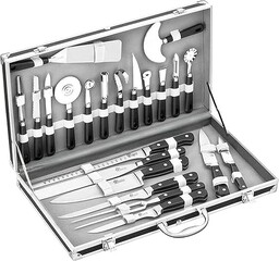 Pradel Excellence - Walizka kuchenna 23 sztuki, 8 noży + 15 przyborów kuchennych - stal nierdzewna - nadaje się do mycia naczyń - walizka na sztućce 50 x 28 x 7 cm