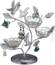 Relaxdays Drzewko ozdobne, 88 otworów na kolczyki, 3 miseczki na pierścionki, żelazo, stojak na biżuterię w stylu vintage, wys. x szer. x gł.: 34 x 39 x 15 cm, srebrny