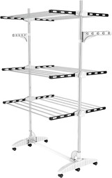 Todeco Wieża na pranie, składana, 3 poziomy z rur ze stali nierdzewnej, suszarka wieżowa z 6 rolkami, skrzydła, mobilna wieża na balkon, do salonu, pralni, łazienki, czarna