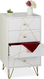 Relaxdays komoda, wys. x szer. x gł.: 86 x 48 x 39 cm, 4 szuflady, MDF, żelazo, salon, sypialnia, szafka na korytarz, kredens, biała/złota