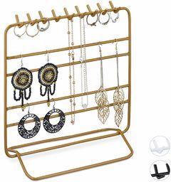 Relaxdays Stojak na biżuterię, łańcuszki, kolczyki, bransoletki, przechowywanie biżuterii, organizer na biżuterię, wys. x szer. x gł.: 21 x 20 x 10 cm, złoty, 1 sztuka