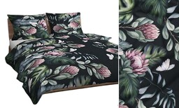 Karo Pościel bawełniana 160x200 czarna zielona różowa liście kwiaty 4735 B bawełna Max