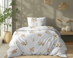 Detexpol Pościel bawełniana 140x200 Biała w beżowe róże elegancki wzór vintage, 100% bawełna - 5342 A - Soft Meadow