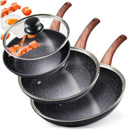 Zestaw patelni granitowy z pokrywkami szklanymi BLACK&WOOD 20 / 24 / 28 cm 3 szt.