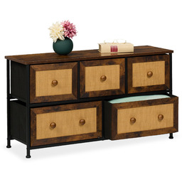 Relaxdays Komoda, 5 szuflad, wygląd rattanu, korytarz, sypialnia, wys. x szer. x gł.: 54,5 x 100 x 32,5 cm, kredens, metal, brązowy/czarny