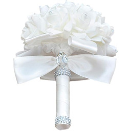 Bleiou Kolorowe piankowe róże sztuczny kwiat ślub bukiet panny młodej przyjęcie (biały + biały)