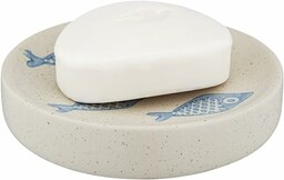 WENKO Mydelniczka akwamaryn, mydelniczka do przechowywania mydła do rąk ze szlachetnej ceramiki w kolorze matowej bieli z niebieskim, morska sceneria, ręcznie malowana, Ø 10 x 3 cm