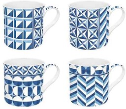 KUBKI PORCELANOWE Geometric Blue niebiesko-białe KOMPLET 4 sztuki