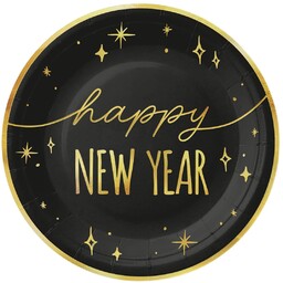 Talerzyki papierowe na Sylwestra Nowy Rok Happy New Year czarne - 18 cm - 6 szt.