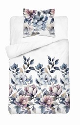 Detexpol Pościel bawełniana biała w kwiaty pudrowo-błękitne 140x200 kolekcja Naturalis wzór 5498 A