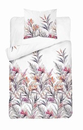 Detexpol Pościel bawełniana biała z tropikalnymi kwiatami i liśćmi akwarelowymi 140x200 kolekcja Naturalis wzór 5504 A