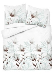 Detexpol Pościel bawełniana biała w kwiaty i liście miętowo-brązowe 160x200 cm kolekcja Naturalis wzór 5494 B