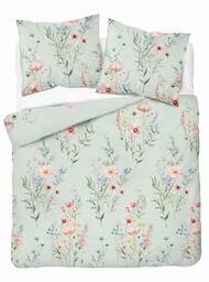 Detexpol Pościel bawełniana miętowa w kwiaty łąkowe akwarelowe 160x200 kolekcja Naturalis wzór 5499 B