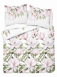 Detexpol Pościel bawełniana biała z magnoliami pudrowymi 160x200 kolekcja Naturalis wzór 5505 A