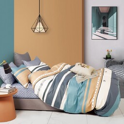 Pościel z satyny bawełnianej dwustronna w granatowo-turkusowe pasy Mariall PBC-989