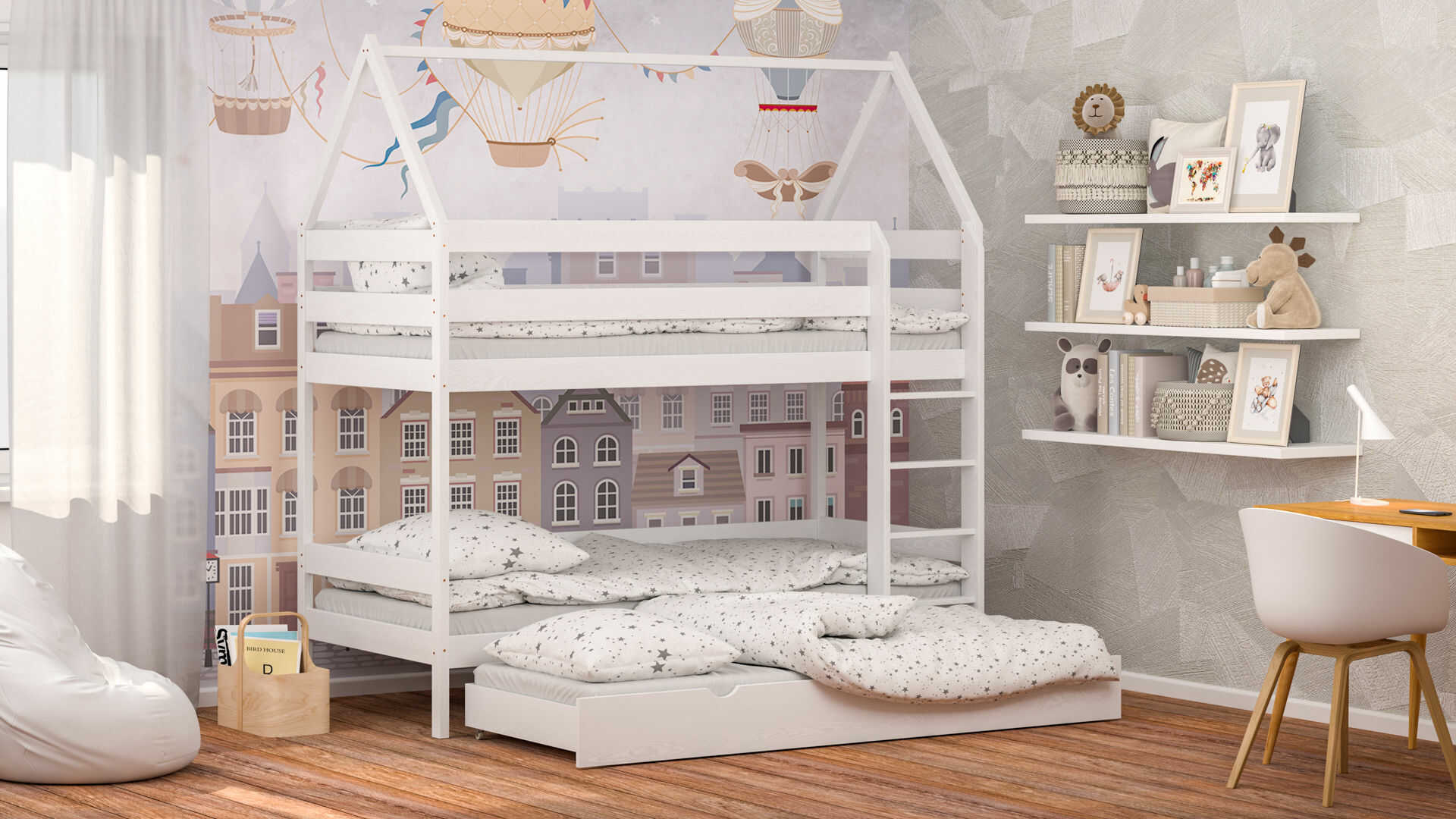 Łóżko piętrowe dla dzieci domek Vilemo Trio