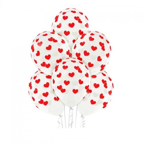 Balony transparentne w czerwone Serca, 6 szt.