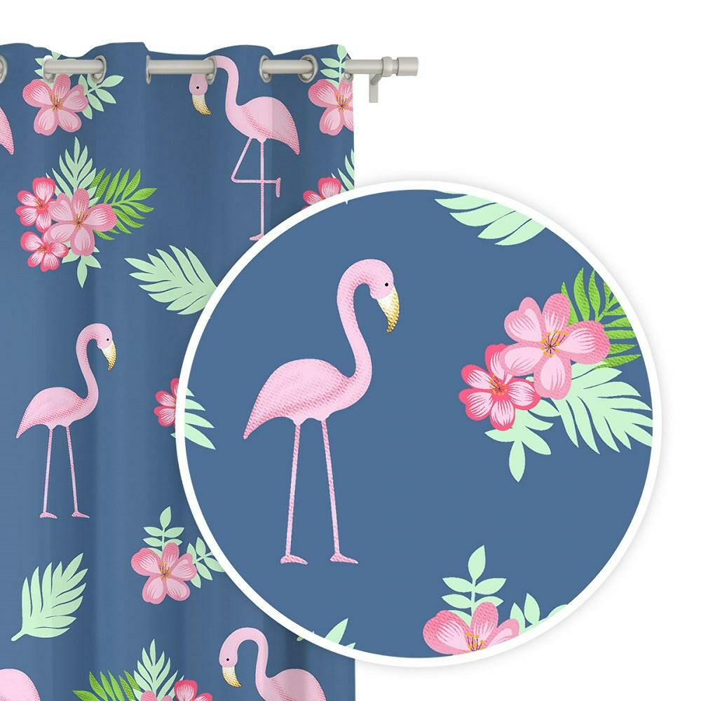 Spod Igły I Nitki Zasłona gotowa na przelotkach 140x250 Flamingi niebieska kwiaty różowe liście