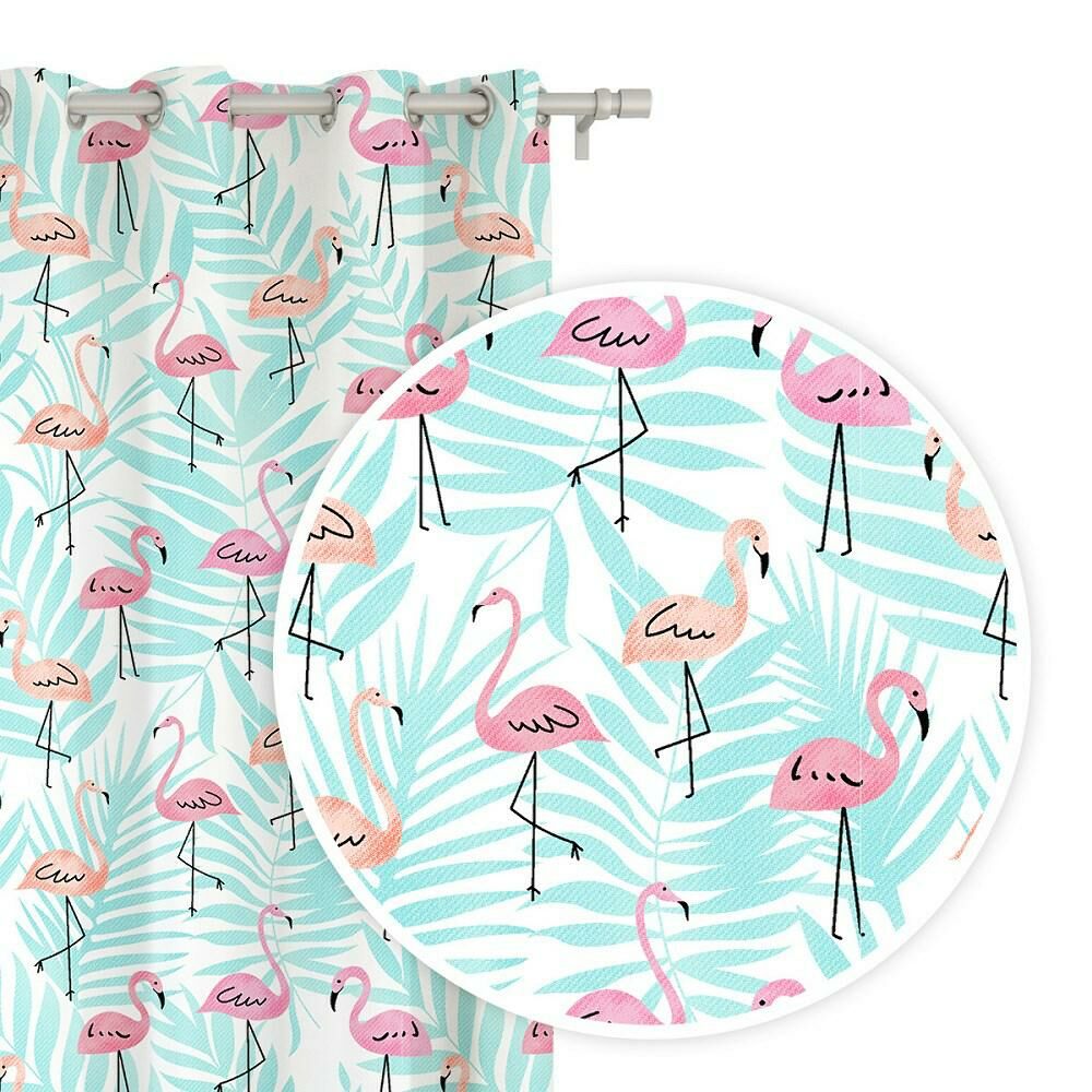 Spod Igły I Nitki Zasłona gotowa na przelotkach 140x250 biała flamingi liście palmy miętowe Flamingove