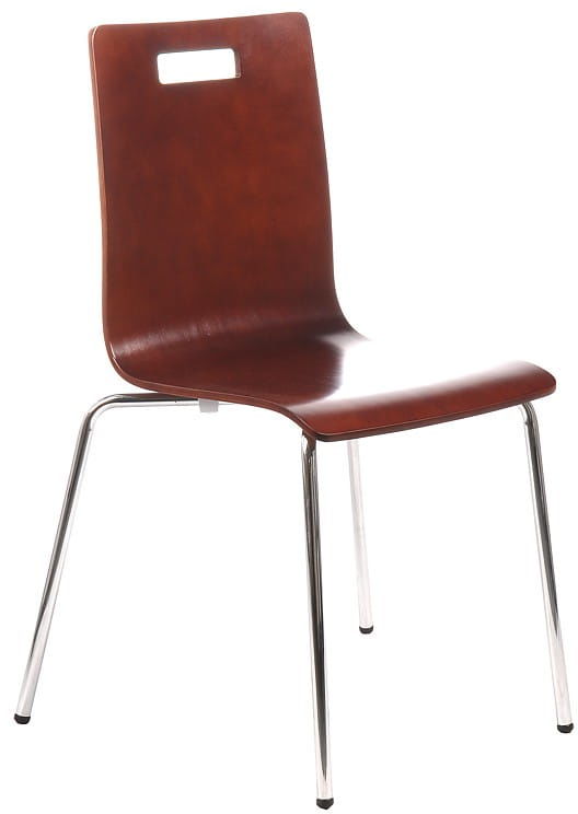 Krzesło ze sklejki w kolorze c. orzech, stelaż chromowany. Model TDC-132 z otworem.
