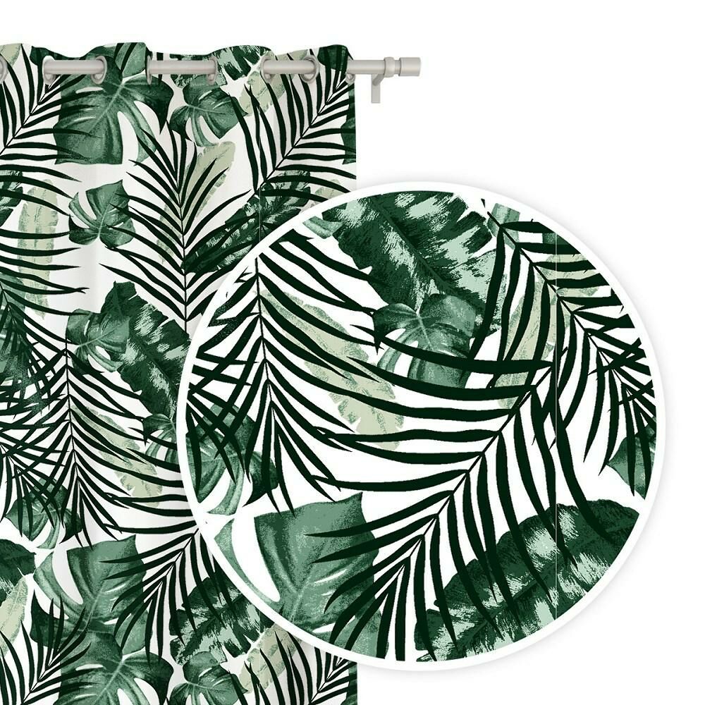 Spod Igły I Nitki Zasłona gotowa na przelotkach 140x250 biała liście palmy monstera zielone Jungle