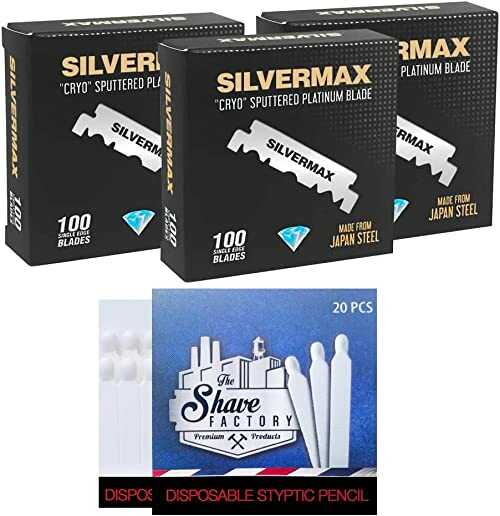 Lamette 3x 100 Single Edge Razor Blades Silvermax Cryo Sputtered Platinum + 20 zapałek hemostatycznych The shave factory