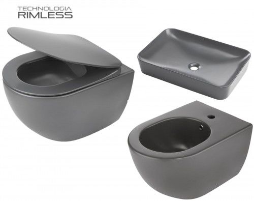 ZESTAW: Miska WC 51x36x35,5 cm RIMLESS+deska wolnoopadająca SLIM+bidet+umywalka, Antracyt