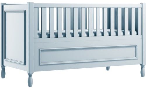 Błękitne eleganckie łóżeczko dziecięce z ozdobnymi nóżkami i frezowaną ramką