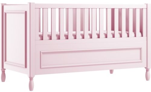 Różowe eleganckie łóżeczko dziecięce z ozdobnymi nóżkami i frezowaną ramką