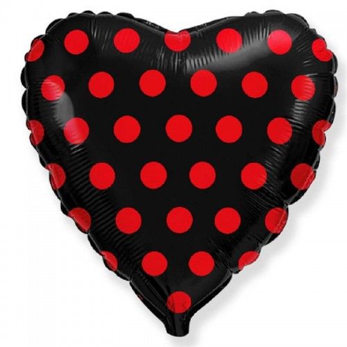 Balon foliowy Serce, czarny w czerwone groszki
