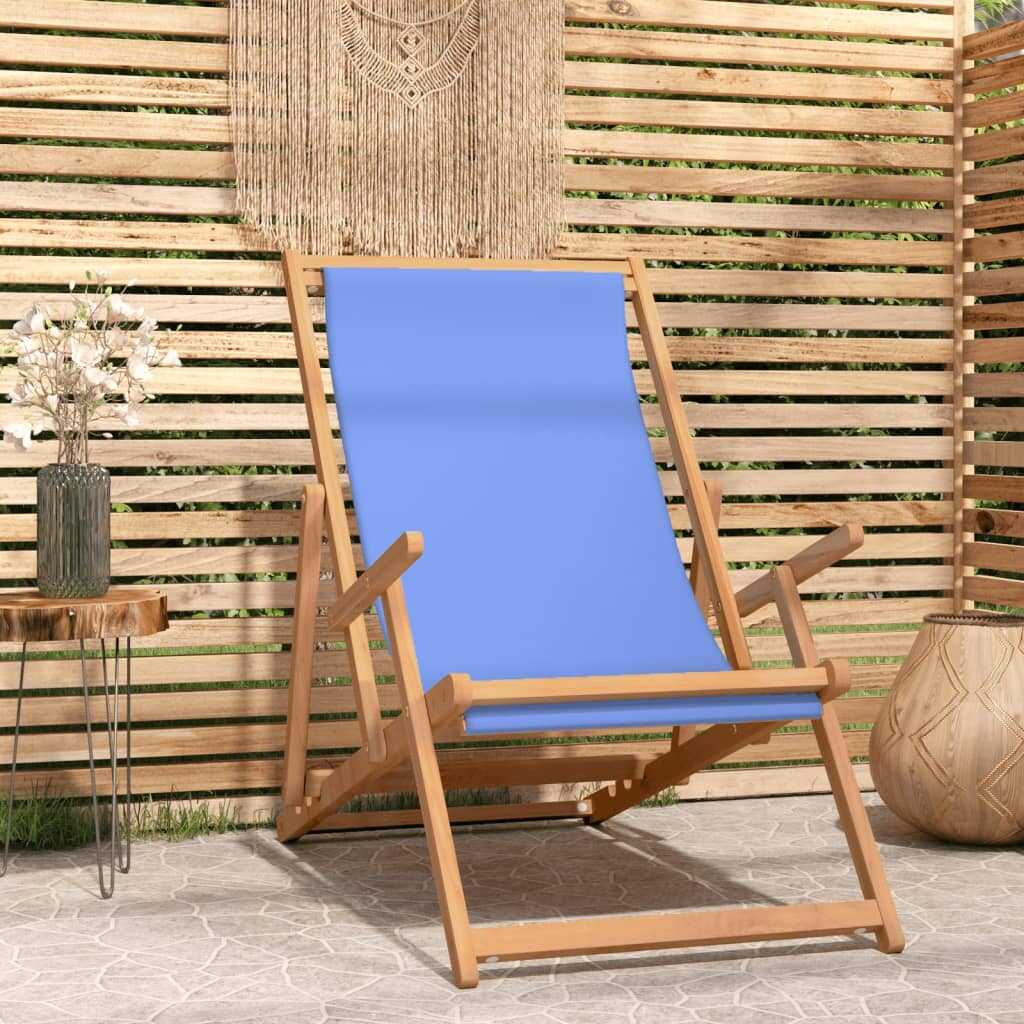 vidaXL Składany leżak plażowy, lite drewno tekowe, niebieski