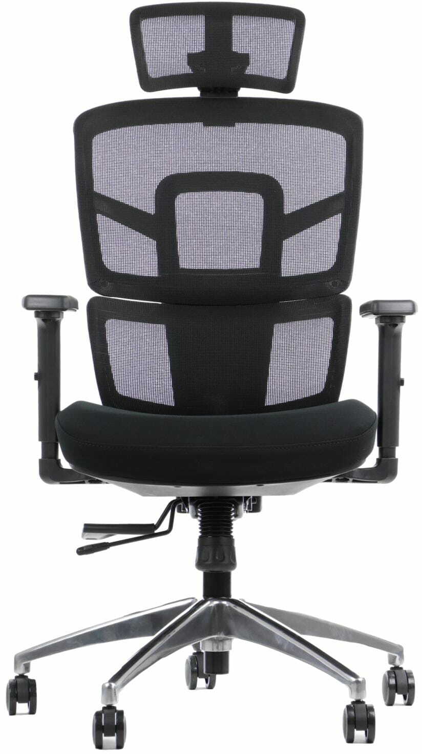 Ergonomiczne krzesło biurowe TREX CZARNY - wysuw siedziska, regulowane podłokietniki i zagłówek, oparcie siatkowe, podstawa aluminiowa - fotel obrotowy do 8-godzinnej pracy